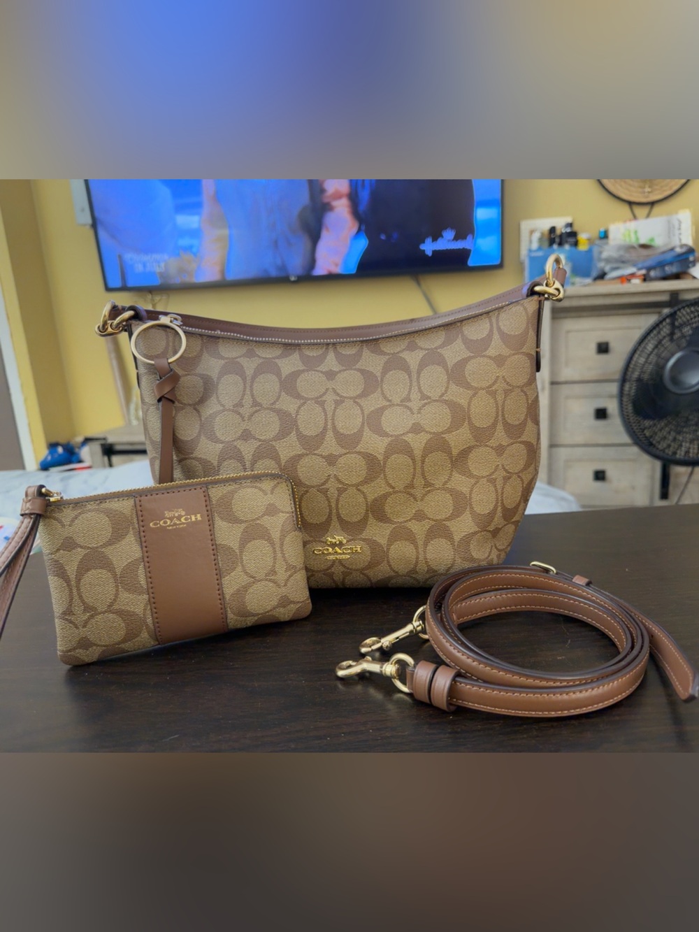 Coach Brown Signature Canvas Shoulder Bag with Leather Trim